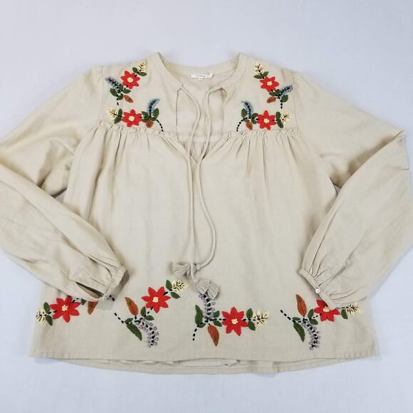 Tularosa Tops - Tularosa Top Small Beige Embroidered Revolve Boho Peasant Floral Tassel Artsy